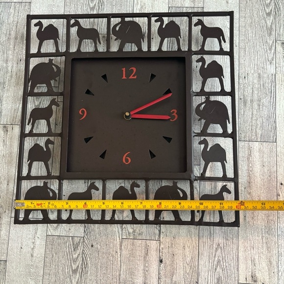 Square Black Metal Wall Clock Laser Cut Camels & Elephants Battery Operated - Picture 3 of 5